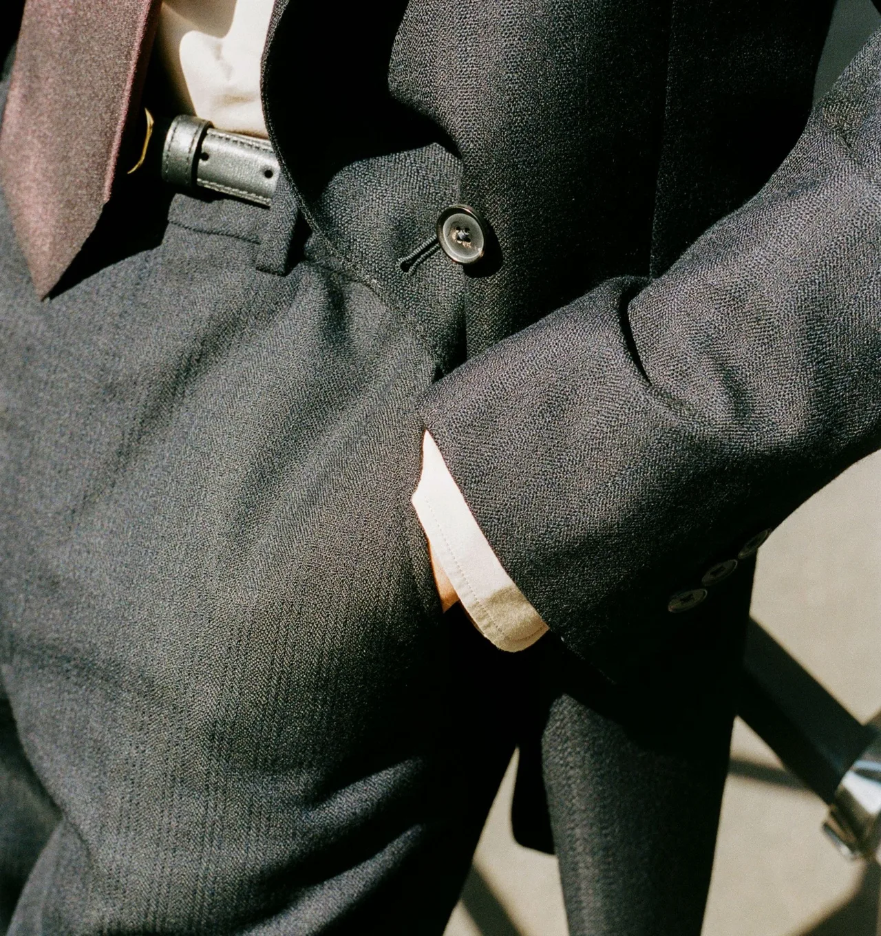 A tailored jacket and trouser in daylight, worn on shift