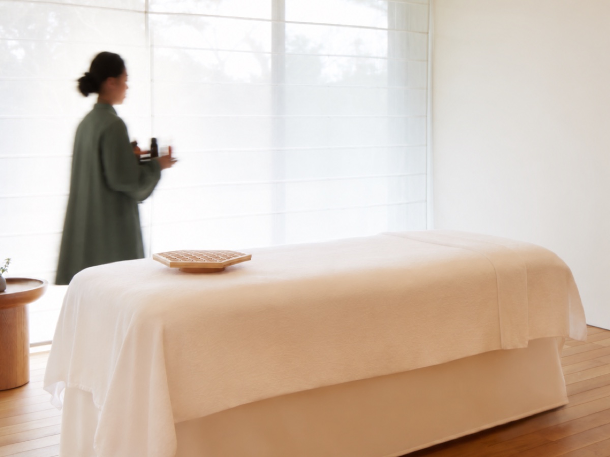 Calm treatment interior in warm neutral tones